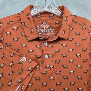 NWT Burlebo Mens Small Performance Polo Burnt Orange Longhorn Print Short Sleeve